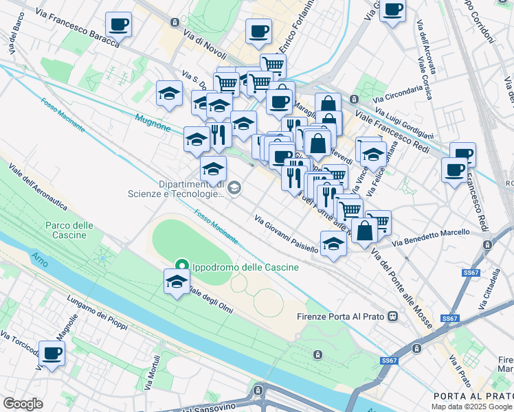 map of restaurants, bars, coffee shops, grocery stores, and more near Via Giuseppe Saverio Mercadante in Firenze