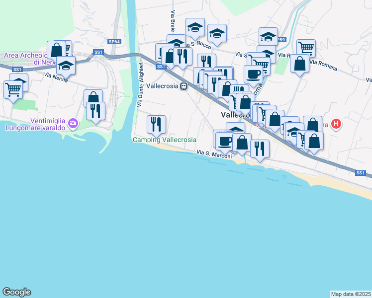 map of restaurants, bars, coffee shops, grocery stores, and more near 110 Via I Maggio in Vallecrosia
