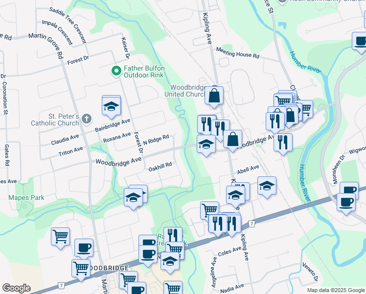 map of restaurants, bars, coffee shops, grocery stores, and more near Woodbridge Avenue in Vaughan