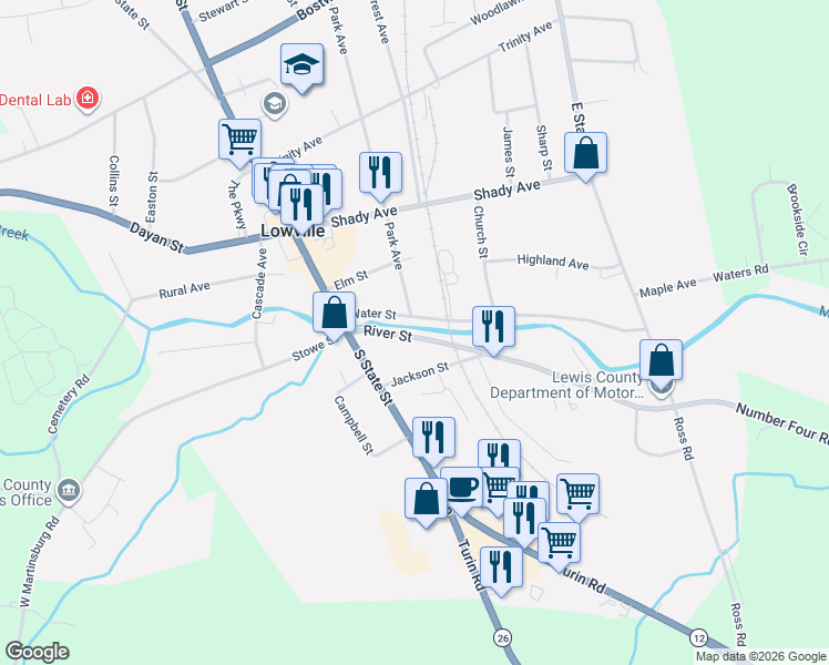 map of restaurants, bars, coffee shops, grocery stores, and more near 5494 River Street in Lowville