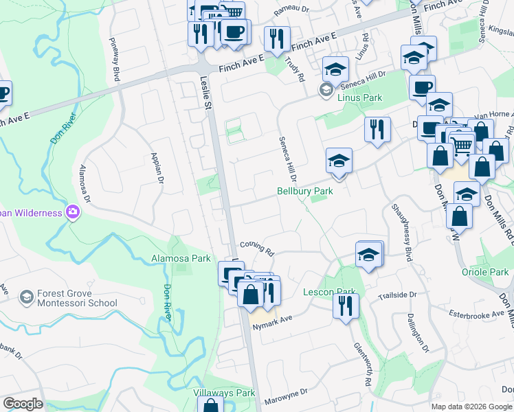 map of restaurants, bars, coffee shops, grocery stores, and more near 19 Van Horne Avenue in Toronto