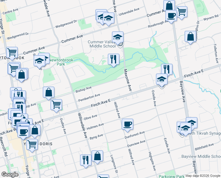 map of restaurants, bars, coffee shops, grocery stores, and more near 194 Pemberton Avenue in Toronto