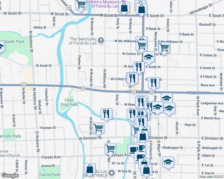 map of restaurants, bars, coffee shops, grocery stores, and more near 97-131 West Johnson Street in Fond du Lac