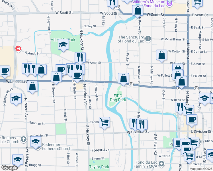 map of restaurants, bars, coffee shops, grocery stores, and more near 179 North Lincoln Avenue in Fond du Lac