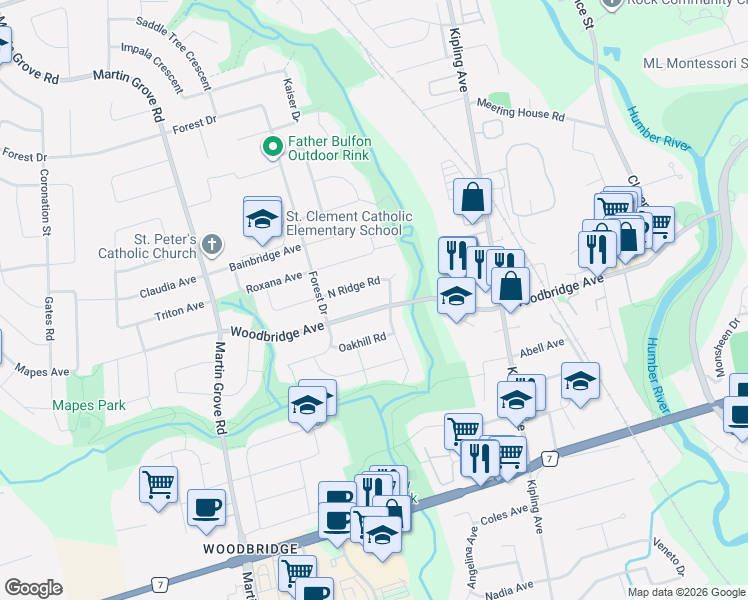 map of restaurants, bars, coffee shops, grocery stores, and more near 10 Moonstone Place in Vaughan