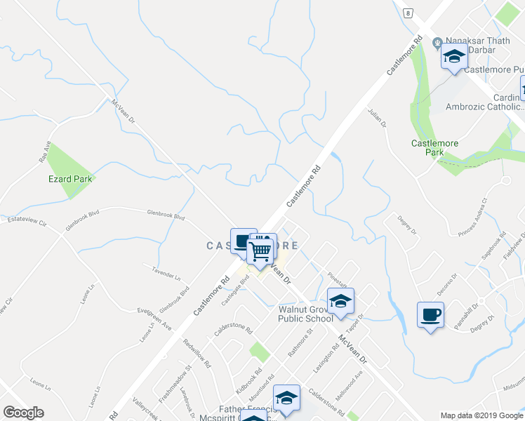 map of restaurants, bars, coffee shops, grocery stores, and more near 10145 McVean Drive in Brampton