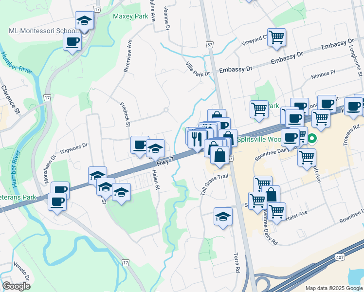map of restaurants, bars, coffee shops, grocery stores, and more near 4620 Highway 7 in Vaughan