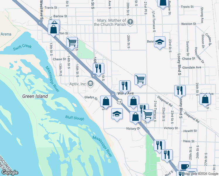 map of restaurants, bars, coffee shops, grocery stores, and more near 3128 South Avenue in La Crosse