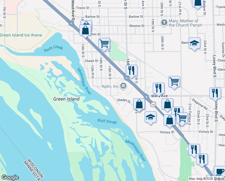 map of restaurants, bars, coffee shops, grocery stores, and more near 2656 15th Street South in La Crosse