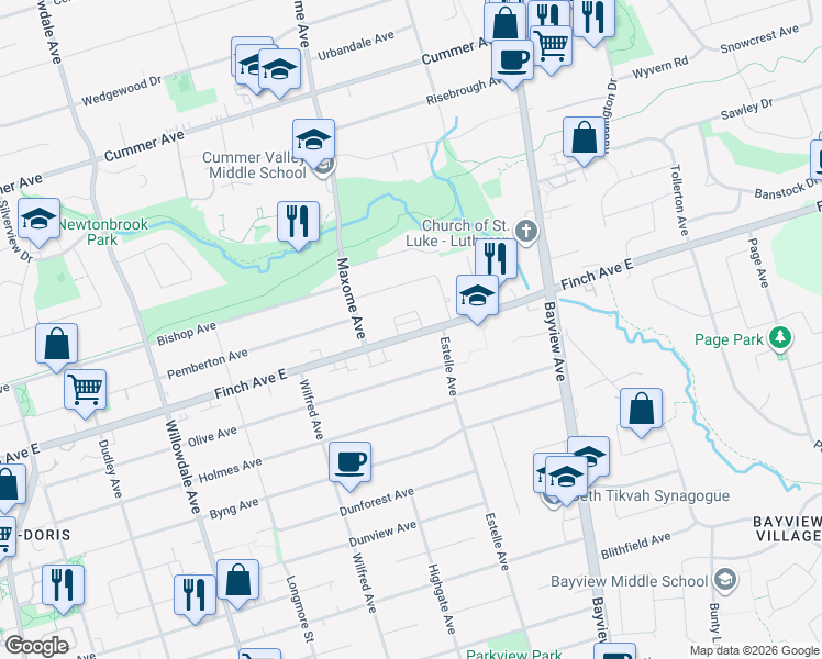 map of restaurants, bars, coffee shops, grocery stores, and more near 248 Finch Avenue East in Toronto