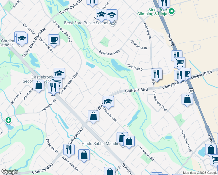 map of restaurants, bars, coffee shops, grocery stores, and more near Skylar Circle in Brampton