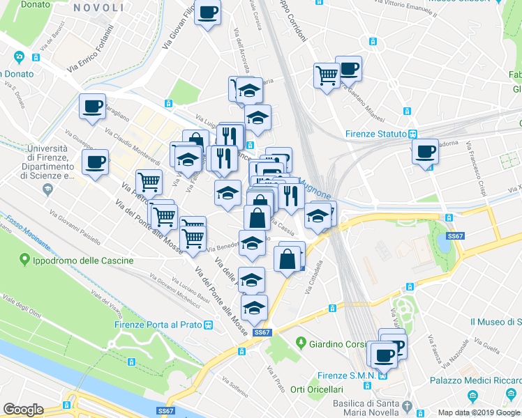 map of restaurants, bars, coffee shops, grocery stores, and more near 15 Via Bartolomeo Cristofori in Firenze