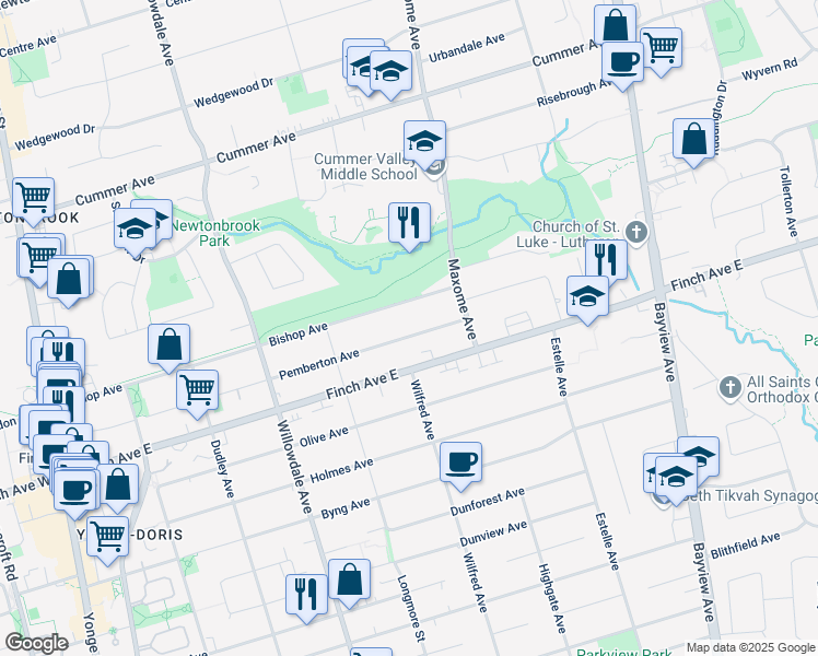 map of restaurants, bars, coffee shops, grocery stores, and more near 200 Pemberton Avenue in Toronto