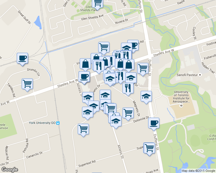 map of restaurants, bars, coffee shops, grocery stores, and more near 876 Magnetic Drive in Toronto