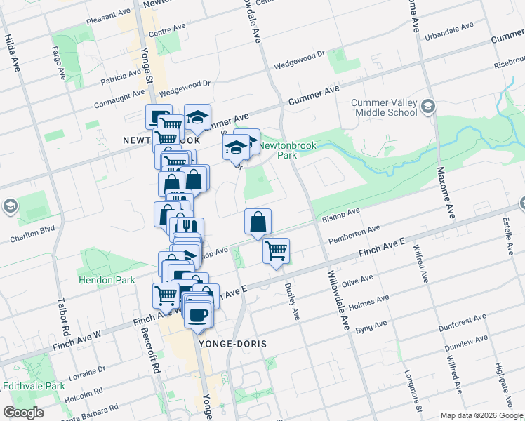 map of restaurants, bars, coffee shops, grocery stores, and more near 51 Bowerbank Drive in Toronto