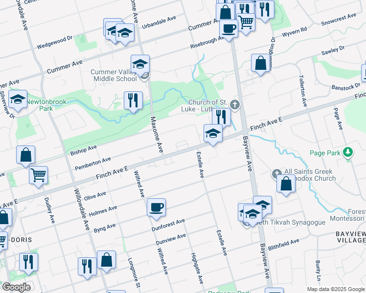 map of restaurants, bars, coffee shops, grocery stores, and more near in Toronto