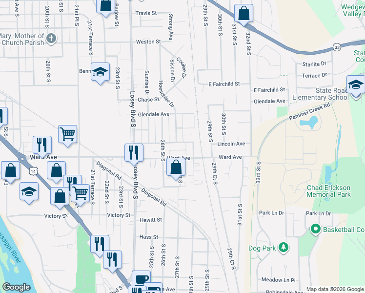 map of restaurants, bars, coffee shops, grocery stores, and more near 2707 Ward Avenue in La Crosse