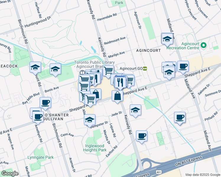 map of restaurants, bars, coffee shops, grocery stores, and more near in Toronto