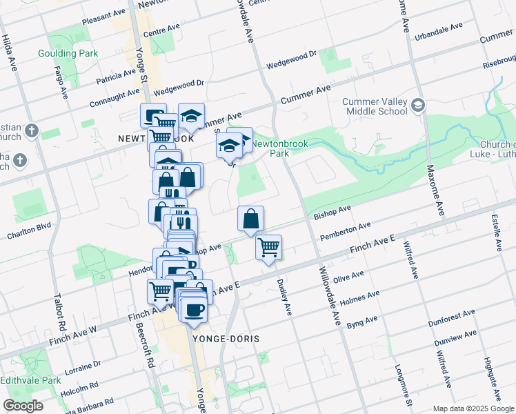 map of restaurants, bars, coffee shops, grocery stores, and more near 49 Bowerbank Drive in Toronto