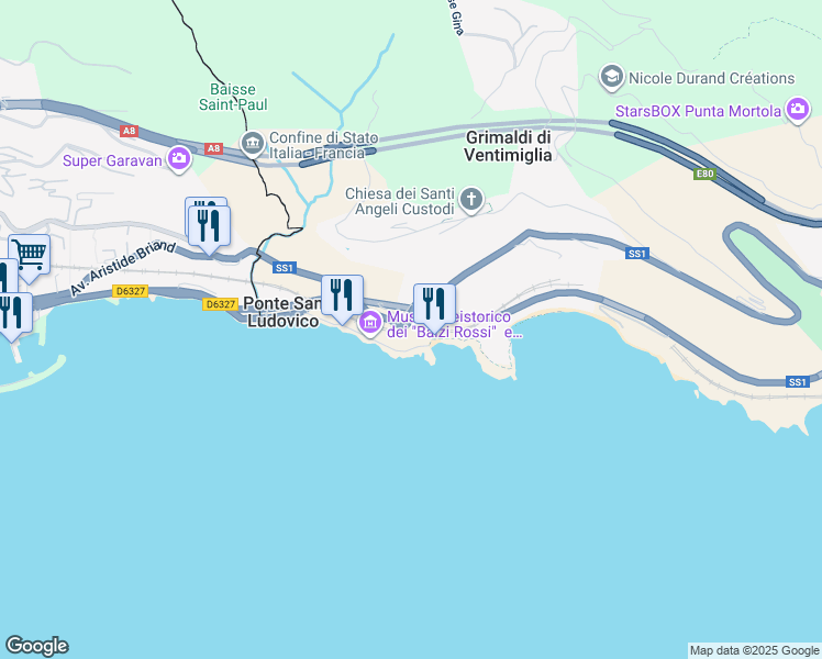 map of restaurants, bars, coffee shops, grocery stores, and more near 85 Corso Mentone in Grimaldi