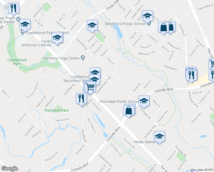 map of restaurants, bars, coffee shops, grocery stores, and more near 5 Freedom Oaks Trail in Brampton