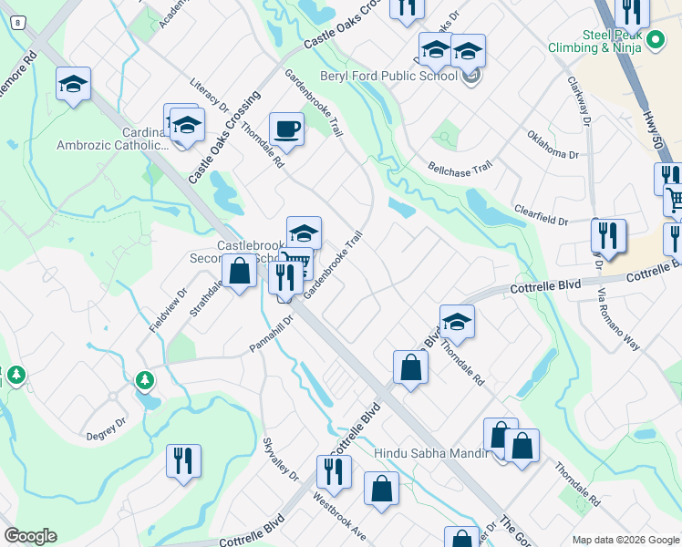 map of restaurants, bars, coffee shops, grocery stores, and more near 5 Freedom Oaks Trail in Brampton