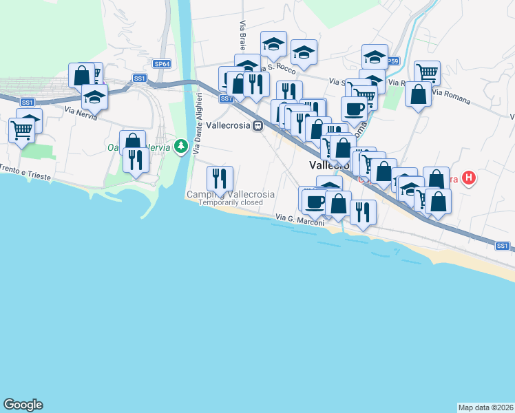 map of restaurants, bars, coffee shops, grocery stores, and more near 110 Via I Maggio in Vallecrosia
