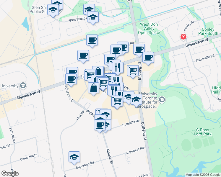 map of restaurants, bars, coffee shops, grocery stores, and more near 601 Magnetic Drive in Toronto