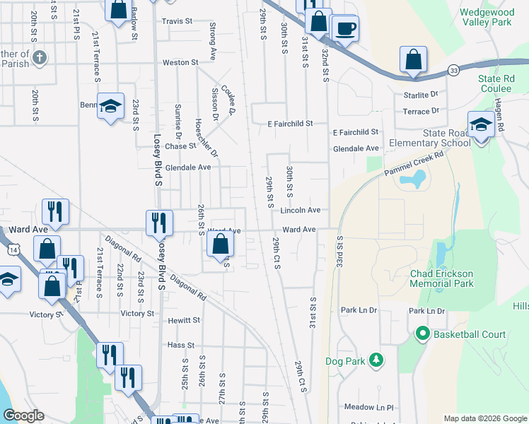 map of restaurants, bars, coffee shops, grocery stores, and more near 2801 Ward Avenue in La Crosse