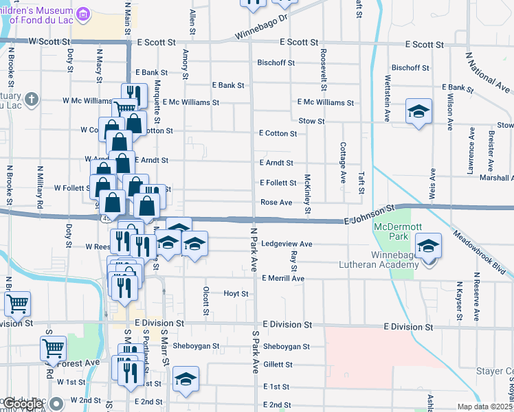 map of restaurants, bars, coffee shops, grocery stores, and more near 189 North Park Avenue in Fond du Lac