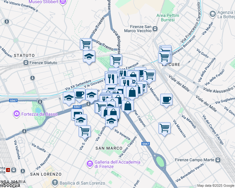 map of restaurants, bars, coffee shops, grocery stores, and more near 112 Via Camillo Benso Cavour in Firenze