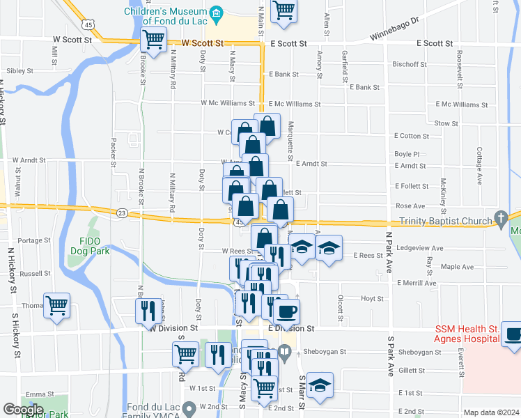 map of restaurants, bars, coffee shops, grocery stores, and more near 193 North Main Street in Fond du Lac
