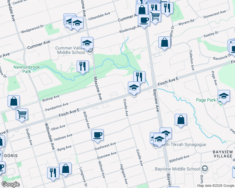map of restaurants, bars, coffee shops, grocery stores, and more near Kenneth Wood Crescent in Toronto