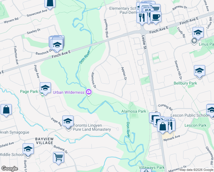 map of restaurants, bars, coffee shops, grocery stores, and more near 35 Geraldton Crescent in Toronto