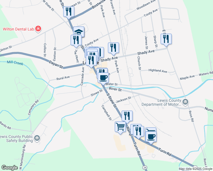 map of restaurants, bars, coffee shops, grocery stores, and more near 5446 Stowe Street in Lowville