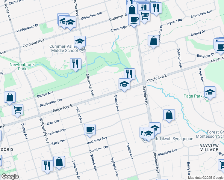 map of restaurants, bars, coffee shops, grocery stores, and more near 260 Finch Avenue East in Toronto