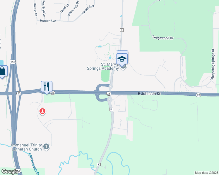 map of restaurants, bars, coffee shops, grocery stores, and more near County Road K in Fond du Lac