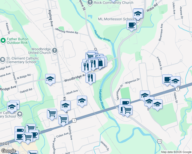 map of restaurants, bars, coffee shops, grocery stores, and more near 141 Woodbridge Avenue in Vaughan