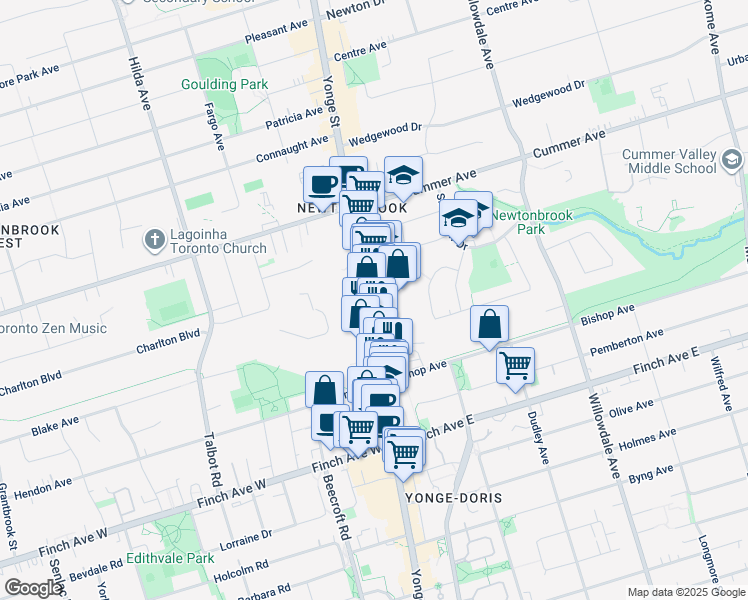 map of restaurants, bars, coffee shops, grocery stores, and more near 5793 Yonge Street in Toronto