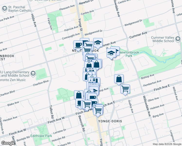 map of restaurants, bars, coffee shops, grocery stores, and more near 5793 Yonge Street in Toronto