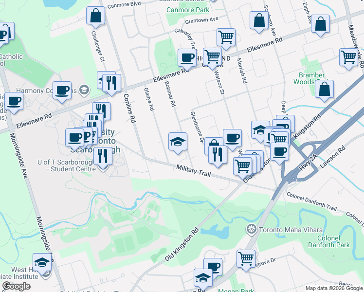 map of restaurants, bars, coffee shops, grocery stores, and more near 30 Bobmar Road in Toronto