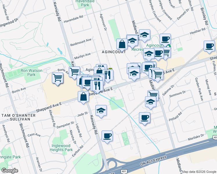 map of restaurants, bars, coffee shops, grocery stores, and more near 4100 Sheppard Avenue East in Scarborough