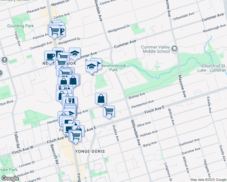 map of restaurants, bars, coffee shops, grocery stores, and more near 35 Bowerbank Drive in Toronto