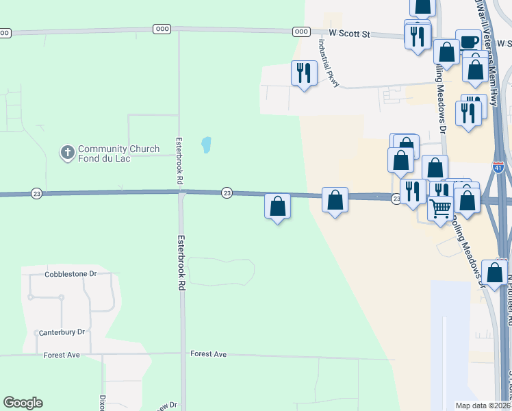 map of restaurants, bars, coffee shops, grocery stores, and more near W6823 Wisconsin 23 Trunk in Fond du Lac