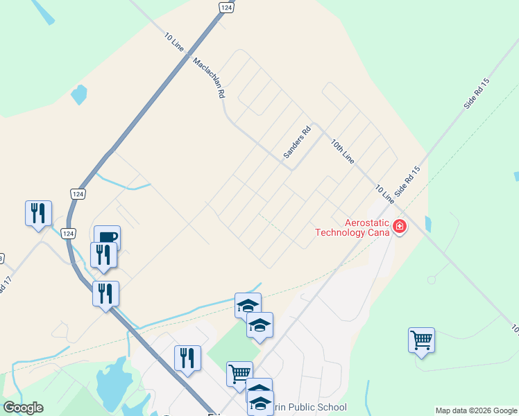 map of restaurants, bars, coffee shops, grocery stores, and more near 116 Molozzi Street in Erin