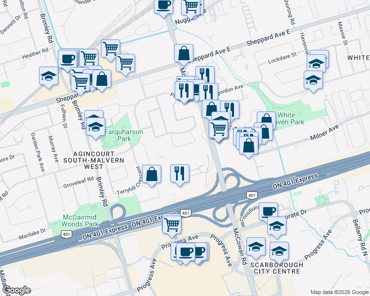 map of restaurants, bars, coffee shops, grocery stores, and more near in Toronto