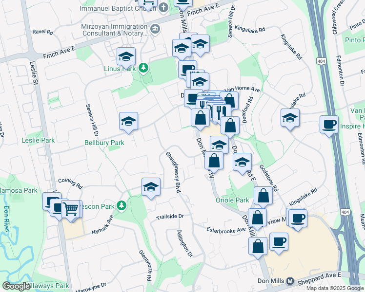 map of restaurants, bars, coffee shops, grocery stores, and more near in Toronto