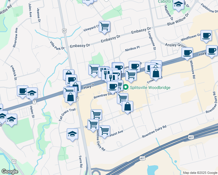 map of restaurants, bars, coffee shops, grocery stores, and more near 1000 Rowntree Dairy Road in Vaughan