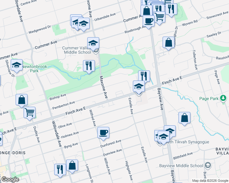 map of restaurants, bars, coffee shops, grocery stores, and more near Kenneth Wood Crescent in Toronto