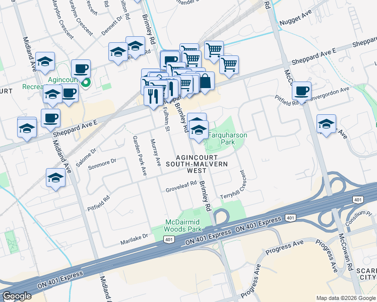 map of restaurants, bars, coffee shops, grocery stores, and more near in Toronto